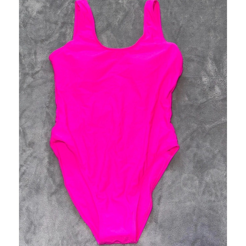 Womens One Piece‎ Swimsuit Medium Hot Pink High Cut Low Back Padded Scoop Neck